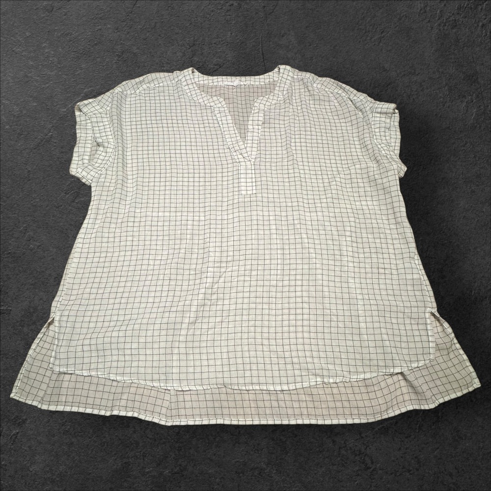 Jane +‎ Delancey Womens 1X White Grid Check Split Neck Short Sleeve Blouse